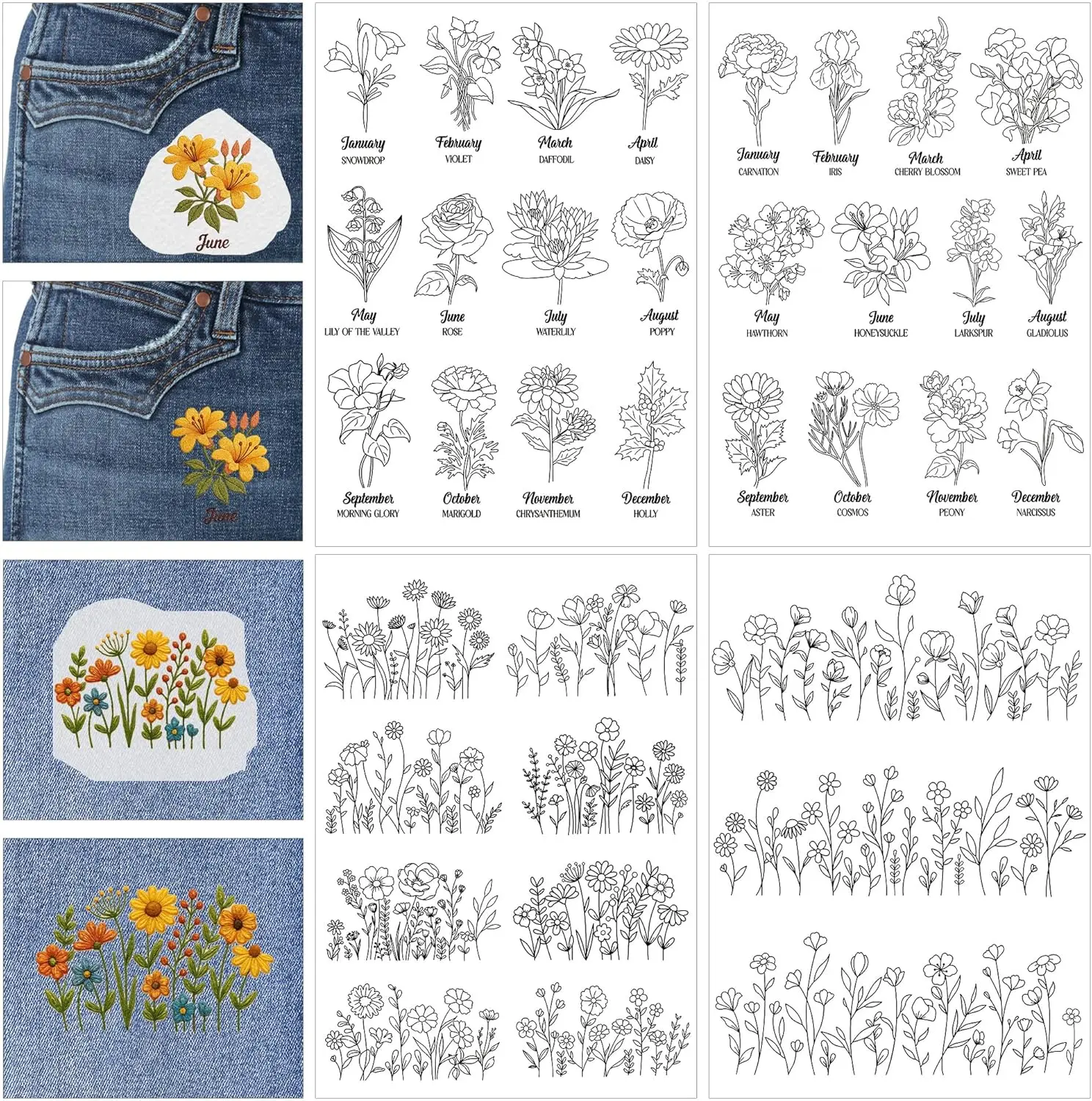 Wasserlösliches Stabilisator-Stickmuster, Geburtstagsblumen-Stick und Stich-Stickpapier zum Auswaschen, Schnittmuster für Jean