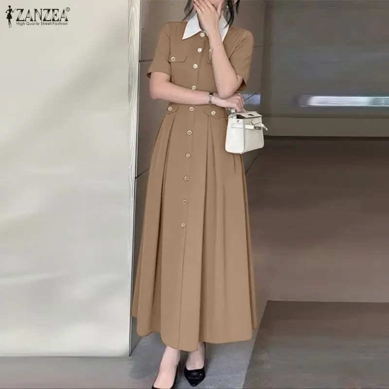 

Элегантное длинное платье-рубашка ZANZEA, женское летнее платье-сарафан 2026, модное с коротким рукавом, на пуговицах, для улицы и офиса, макси-платье