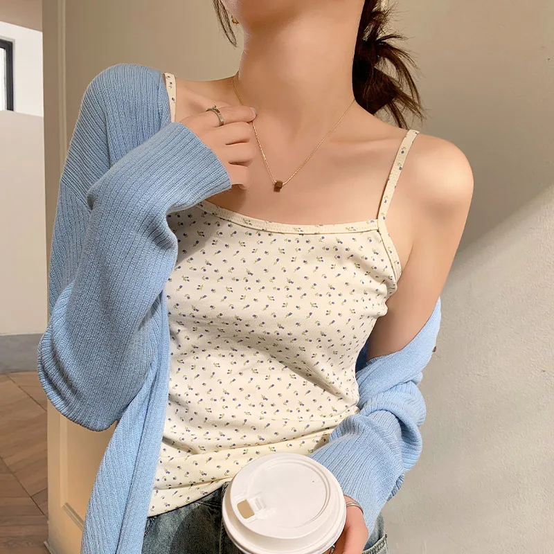 Women Sling Vest Floral Print Cotton Slim Fit Sleeveless Camisole Summer Sweet Pastoral Inner Outer Bottoming Top for Women