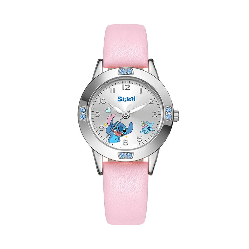 Miniso Anime Cartoon Disney Angie Stitch Round Diamond Quartz Girls Watch Fashion Children Leather Steel Belt Watch Kids Gift