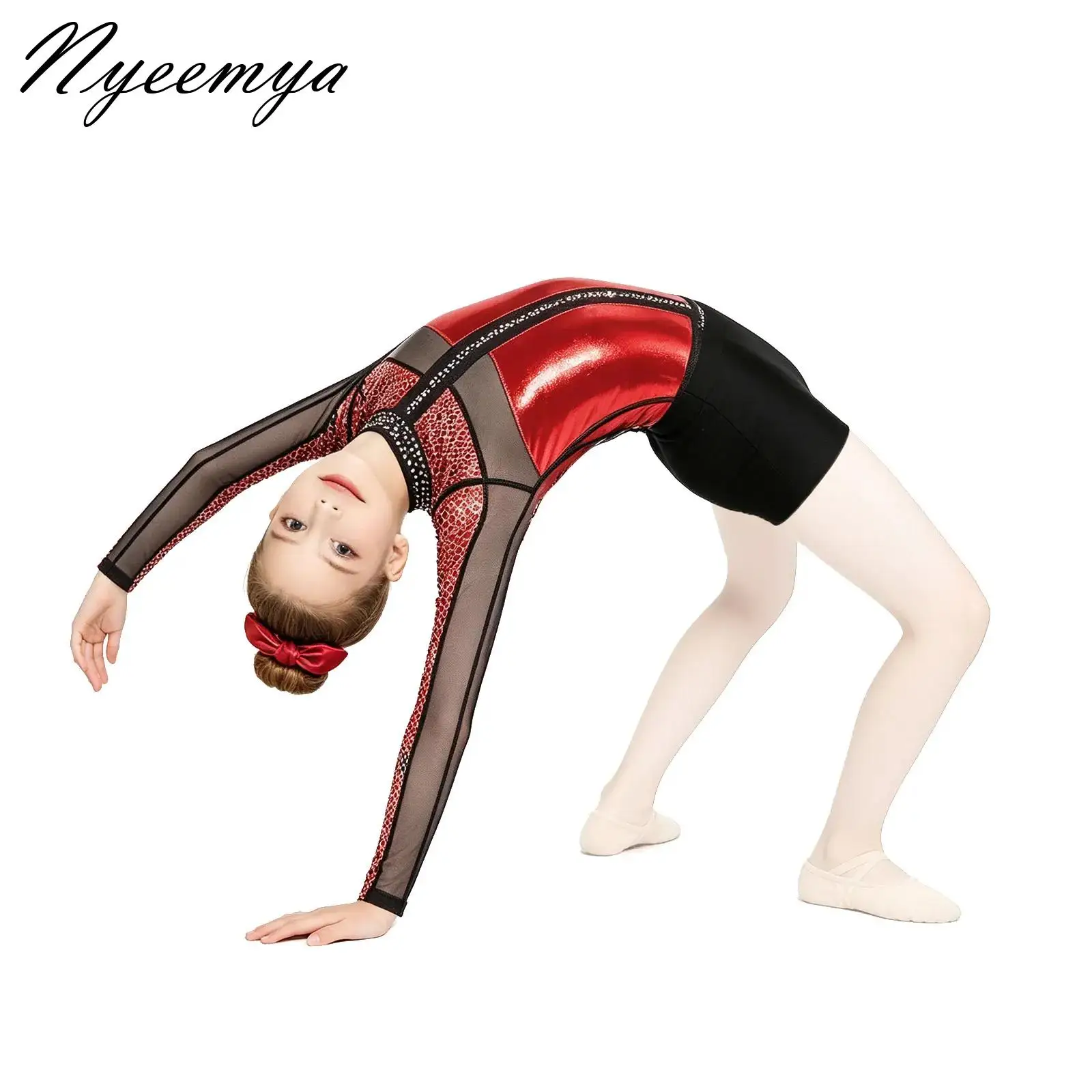 

Big Girls Long Sleeve Gymnastics Bodysuit Rhinestones Ballet Dance Leotard Color Block Skating Jumpsuit Shorts Dancewear Sets