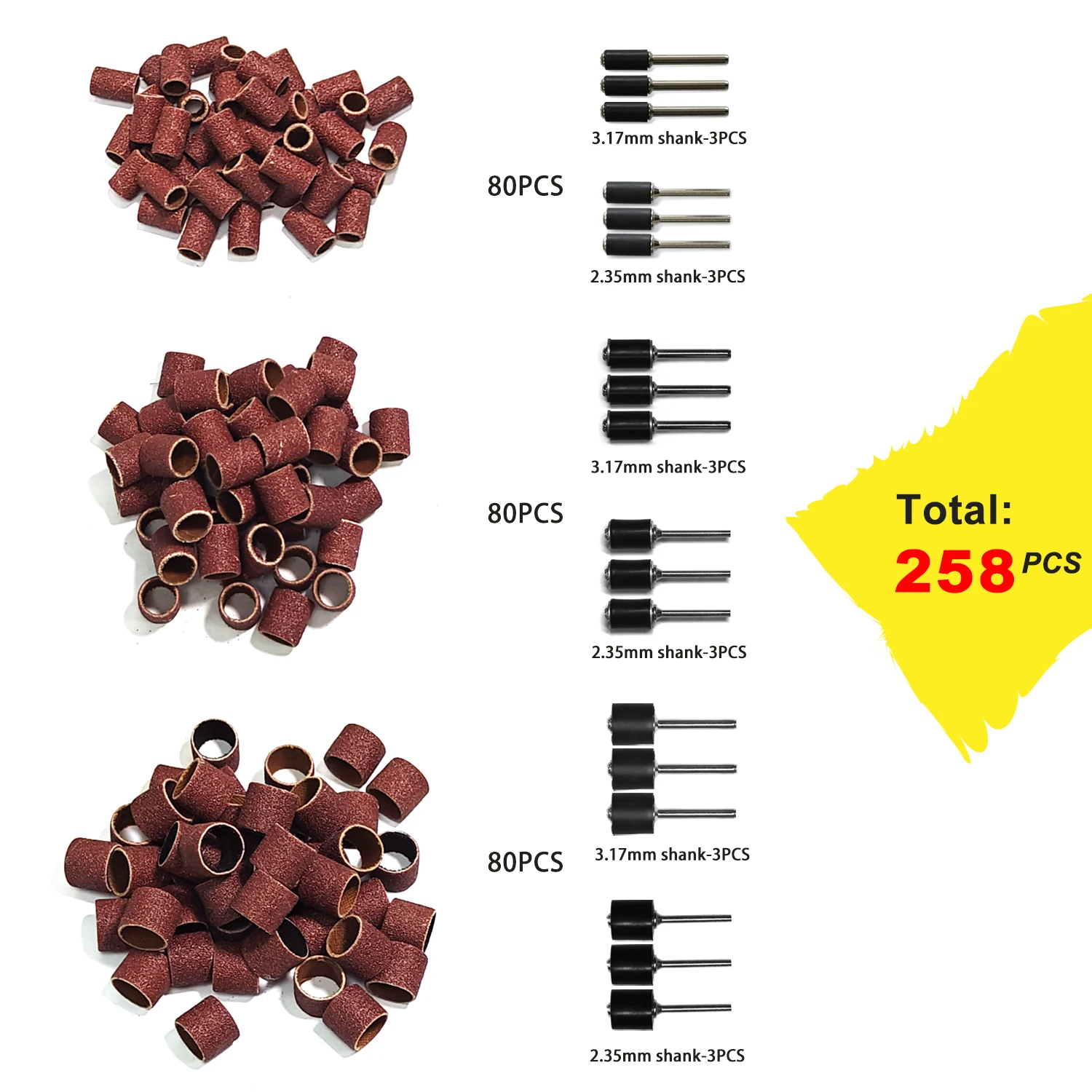 

Sanding Drum Kit 258pcs Sanding Bands 150 Grit with 2.35mm 3.17mm Sanding Band Mandrel For Dremel Rotary Tools Polishing