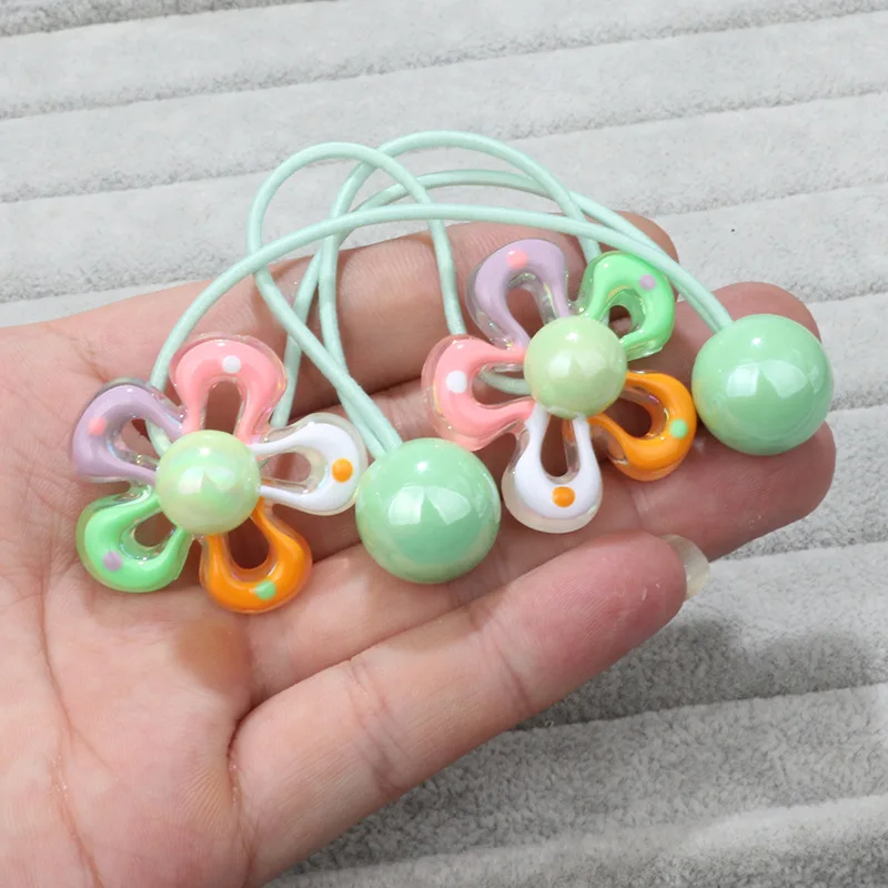 2 Stück funkelnde Blumen-Haargummis, bunte Perlen-Haargummis – Kinder-Haargummis für Pferdeschwänze, umlaufender doppelsträngiger Haargummi – Detail 6