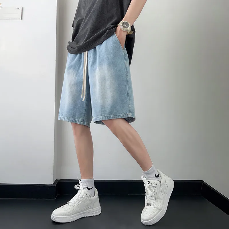 

2023 New Summer Denim Shorts Men Knee-Length Straight Casual Loose Bermuda With Elastic Drawstring Jeans Short Pants Male