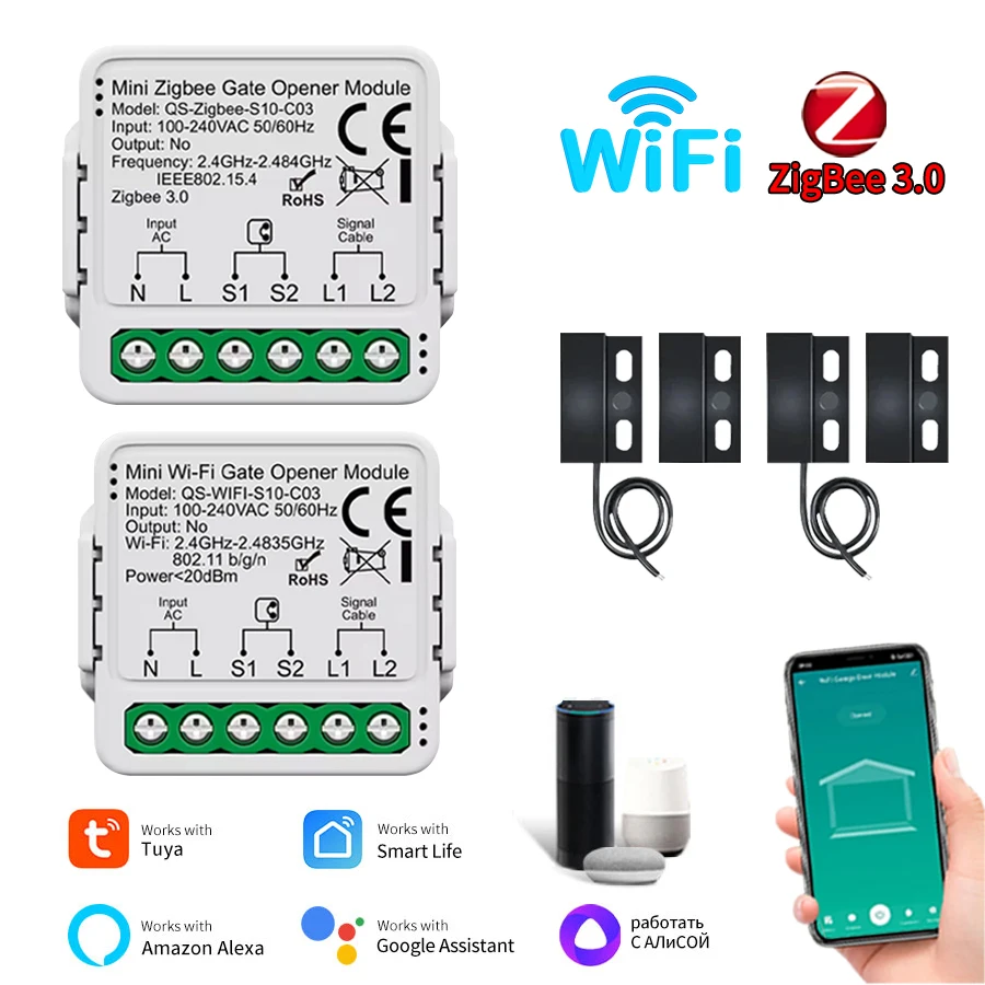 

Умный модуль открывания гаражных ворот Tuya Wi-Fi/Zigbee 3,0, модуль переключателя контроллера ворот, совместимый с Alexa Google Home Assistant Alice