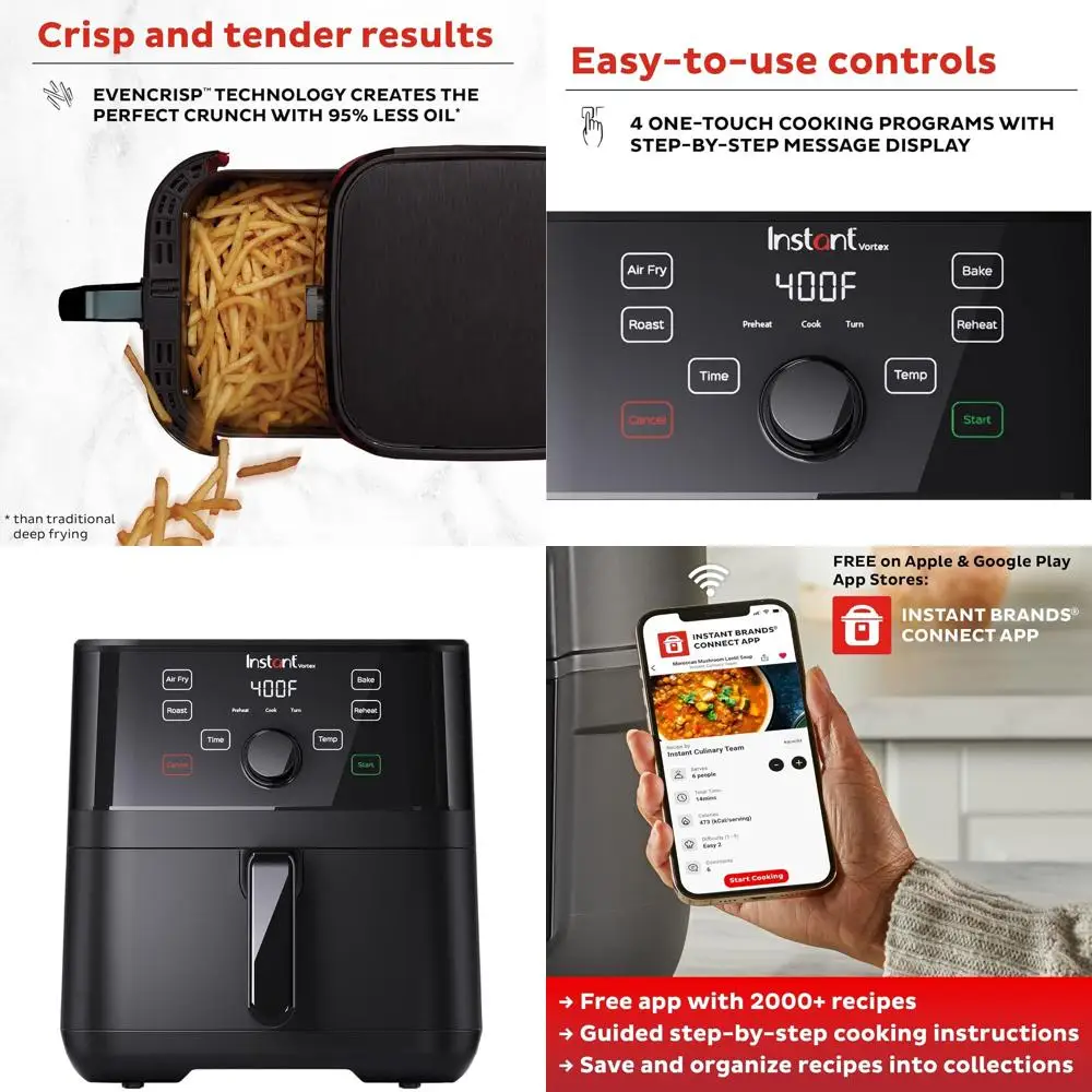

5.7 QT Air Fryer with 4-in-1 Cooking Functions, Crisps, Roasts, Bakes, Reheats, 100+ Recipes, Black