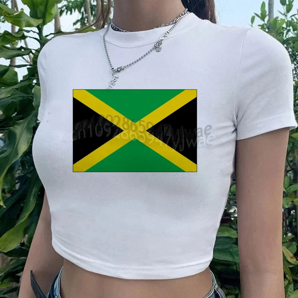 2026 Summer Women Crop Sexy Y2k Top Jamaica Flag Print O-Neck Short Sleeve T-Shirt Casual Tees Basic Print T-Shirt
