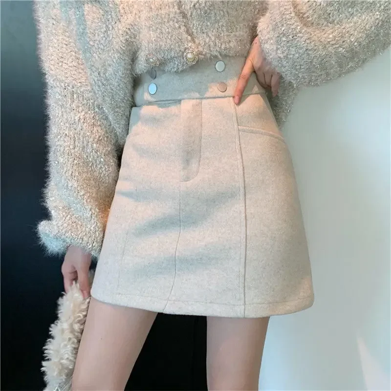 

Office Lady Autumn Winter Women's Solid Woolen Button Zipper Korean Fashion Sweet Thicken Bag Hip Short A-line Skirt A199