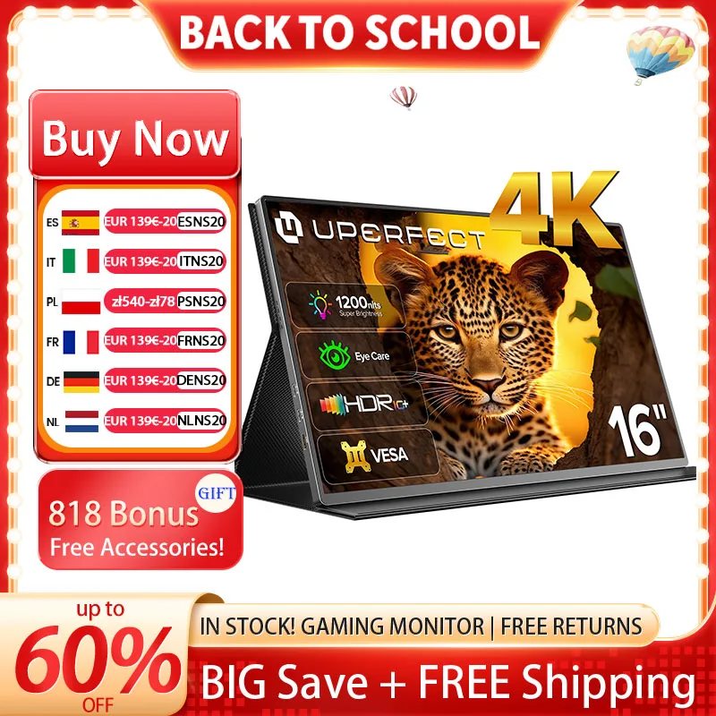 UPERFECT 4K tragbarer Monitor für Laptop 1200nit 16" UHD 3840x2400 Reise Gaming Monitor Bildschirm IPS-Display mit USB Typ C Port und Dual Lautsprecher Kompatibel mit PC Xbox PS4/5