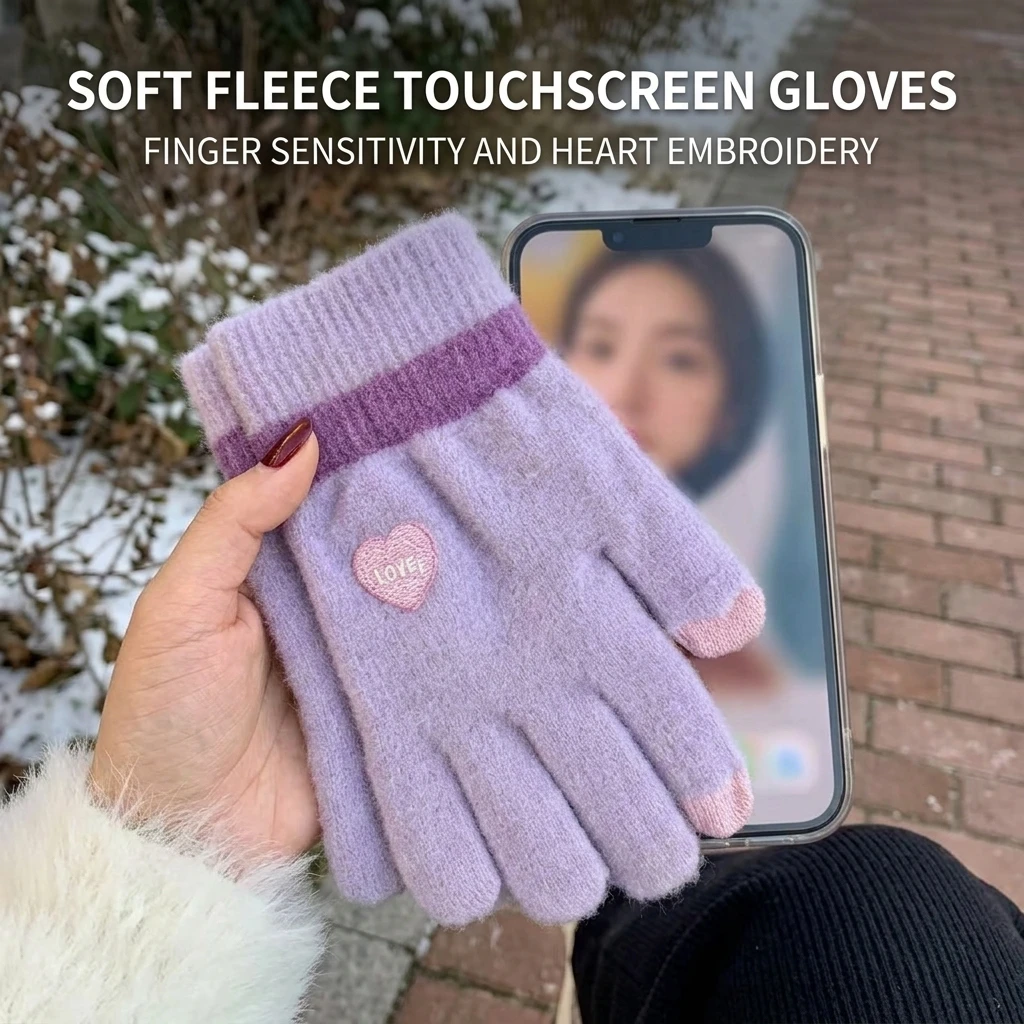 Touchscreen Gloves Warm Thickened for Winter Outdoor Cycling Skiing Plush Fleece Lined Heart Embroidery Candy Color Mittens