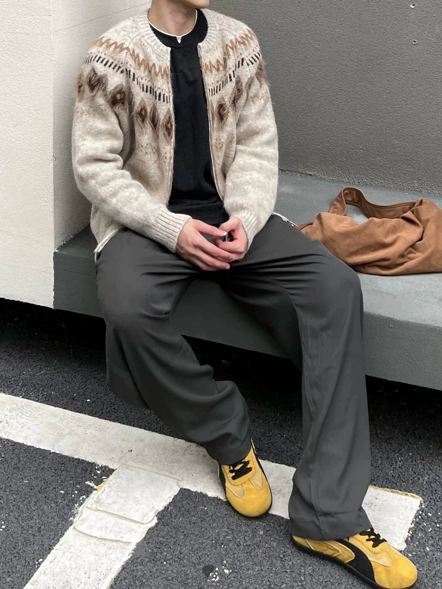 Men's Diamond Patterned Knitted Sweater Coat Vintage Style Fleece Feel Autumn Winter Outerwear for Couples Casual Wear