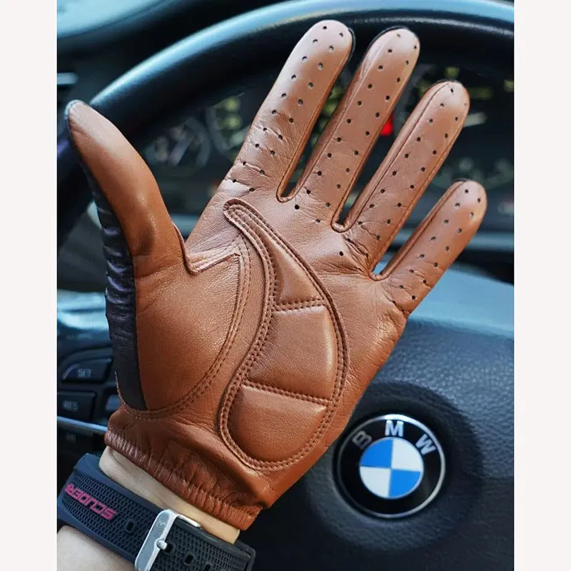 Men Leather Gloves Vintage Motorcycle Riding Driving Real Leather Touchscreen Non-slip Wear-resistant Thin Lambskin Gloves M-152