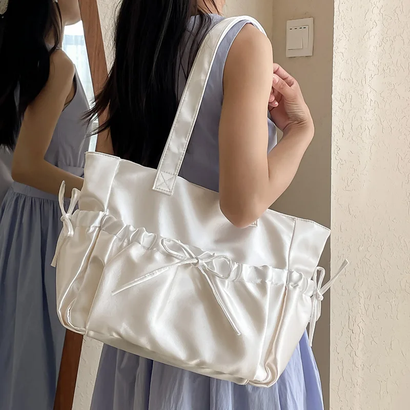 Korean Balletcore Satin Shoulder Purse With Pleated Bow Detail, 2026 Trendy Large Volume Shiny Pearlescent Ladies Tote Handbag