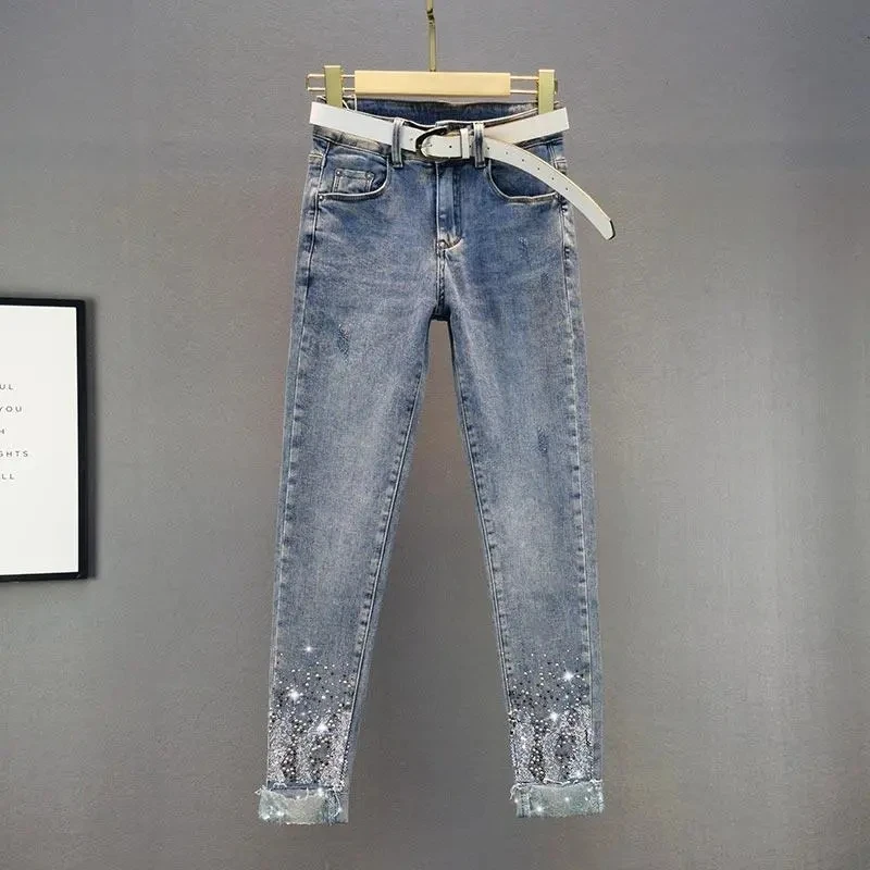 Sparkling Hot Stamping Small Leg jeans Women's Summer 2026 New High waisted Slim Pencil Pants Female Elastic Casual Denim Pants