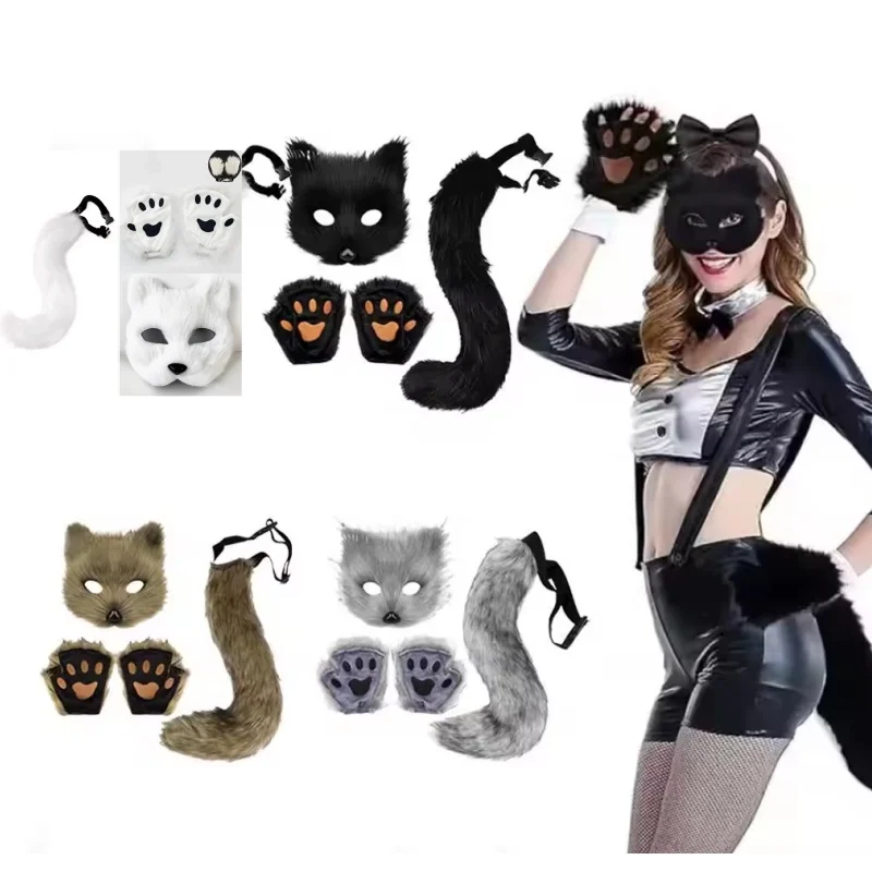 

Faux Fur Fox Tail Set Cat Wolf Cosplay Halloween Costume Plush Masque Fluffy Paw Gloves Halloween Party Role-Playing Fox Mask