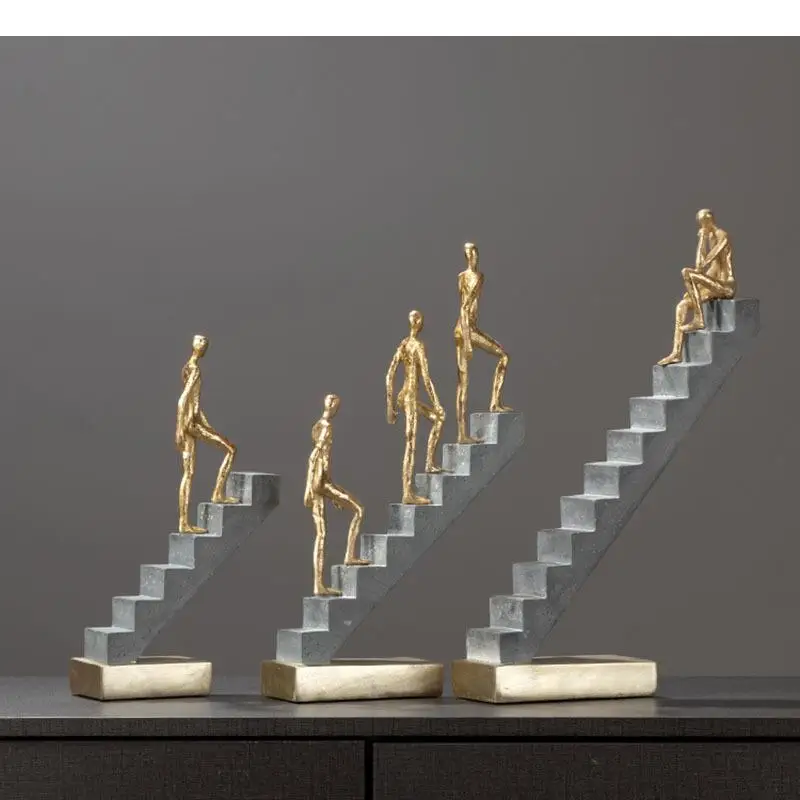 Abstract Golden Man Climbing Stairs Ornaments Portrait Statue Desktop Decor Statuette Crafts Resin Figurines Home Decoration