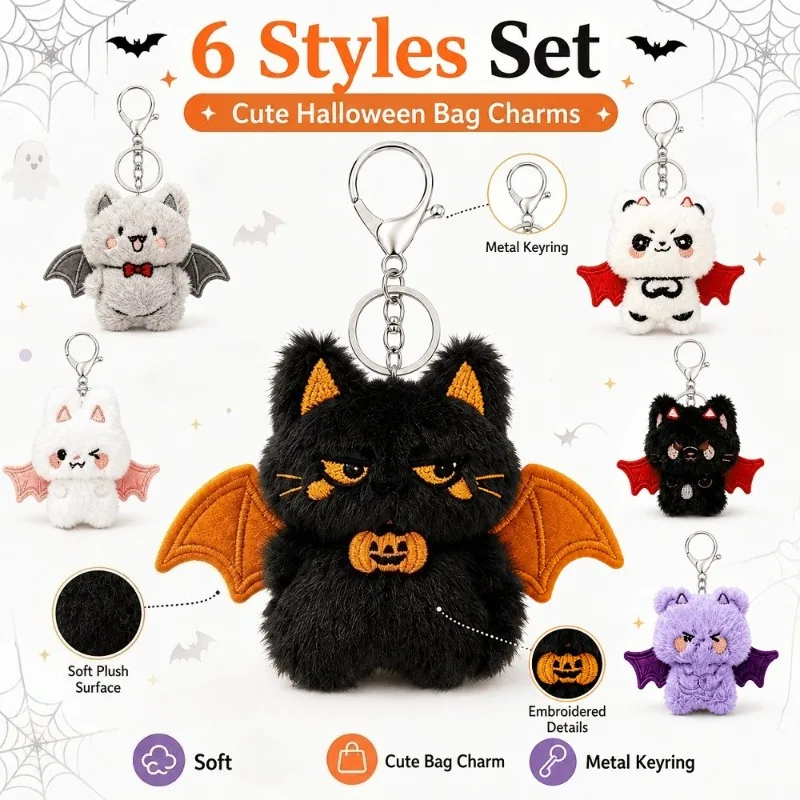 Halloween Plush Keychain Set 6PCS, Cartoon Animal with Bat Wings Bag Pendant for Backpack Key Holiday Gift