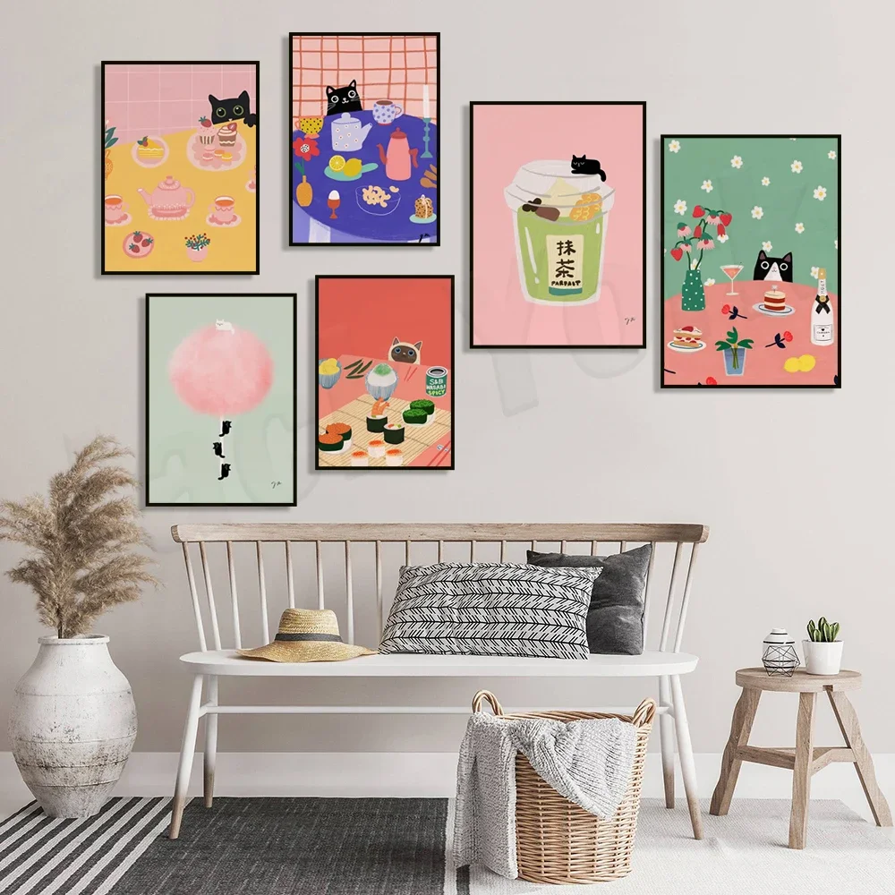 Black cat lemon blueberry cake, marshmallow cat, tuxedo cat, orange tree and black cat, kitchen matcha drink black cat poster