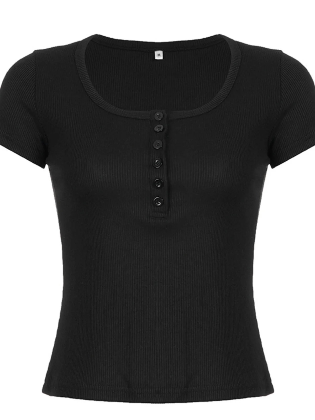 Cseta de Mujer Estilo Americano, Corte Ajustado, Color Puro, Cuello Redondo, Manga Corta, Informal, con Botones, para Prim...