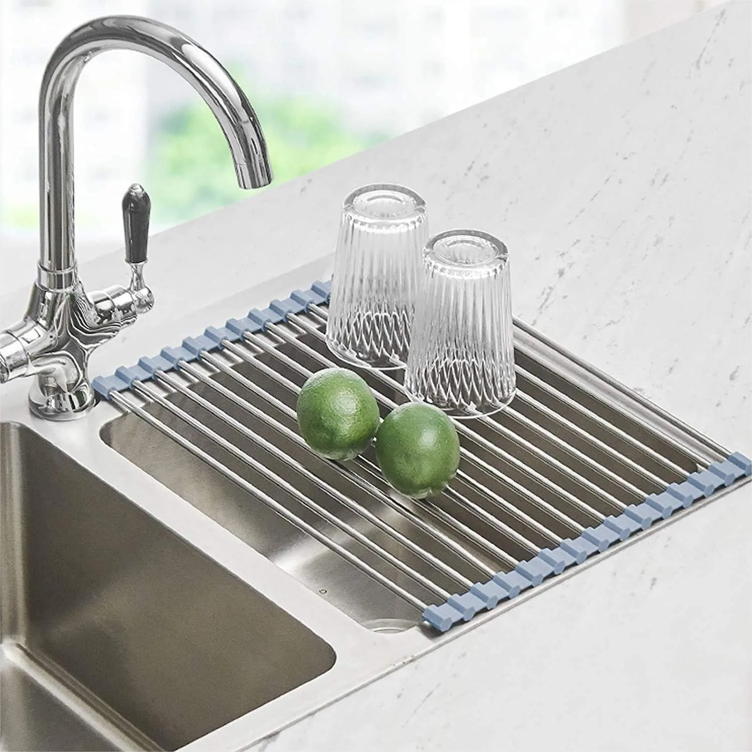 Roll Up Dish Drying Rack Over the Sink, Stainless Steel Foldable Dish Drainer for Kitchen Counter Storage 17.5x11.8