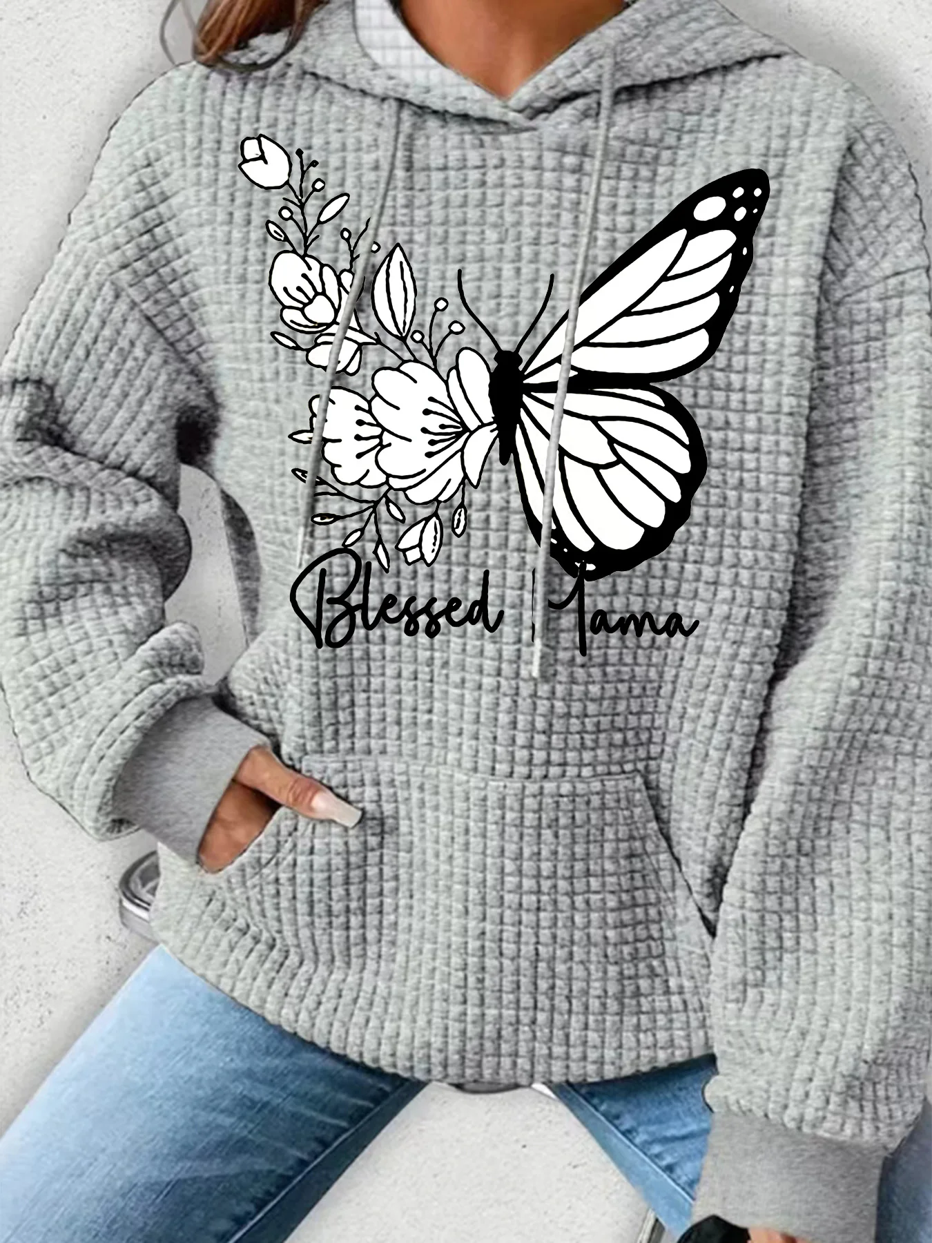 

Plus Size Women Clothing Waffle Knit Tops For Women Letter Butterfly Printed Oversize Hoodies for Women With Pocket Sweatshirt