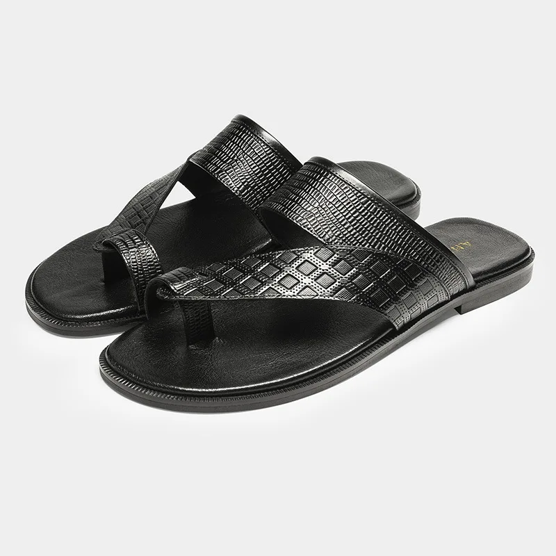Men Faux Leather Toe Ring Sandals Strap Croc Textured Non‑Slip Flat Summer Casual Outdoor Beach Slippers