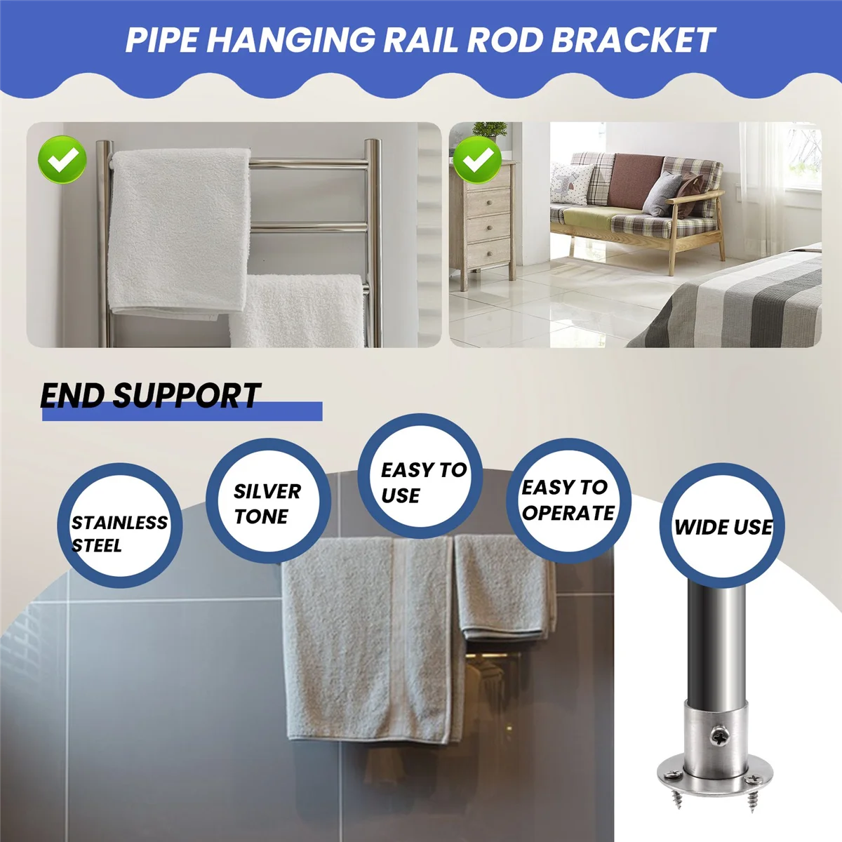 Closet Wardrobe 22mm Dia Pipe Hanging Rail Rod End Support Bracket