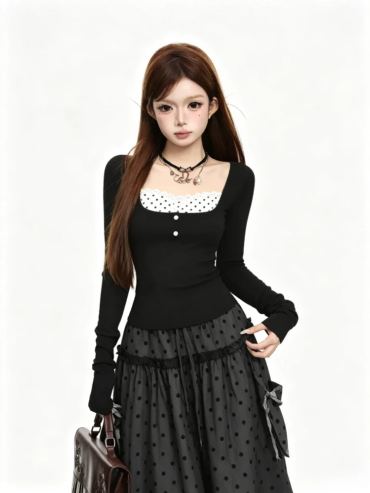 Spicy Girls Outfit Harajuku Vintage Y2K 2 Piece Set Slim Fit Patchwork Tops Sweet Polka Dot A‑line Skirt Korean Fashion Suit