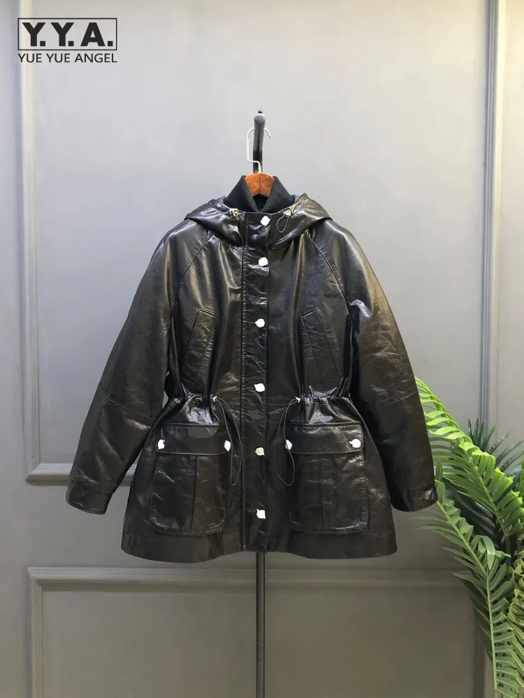 Nuevas mujeres negro con capucha cremallera piel de vaca cuero genuino cera de aceite chaqueta de plumas de ganso abrigo de mujer invierno cálido prendas de vestir exteriores de longitud media