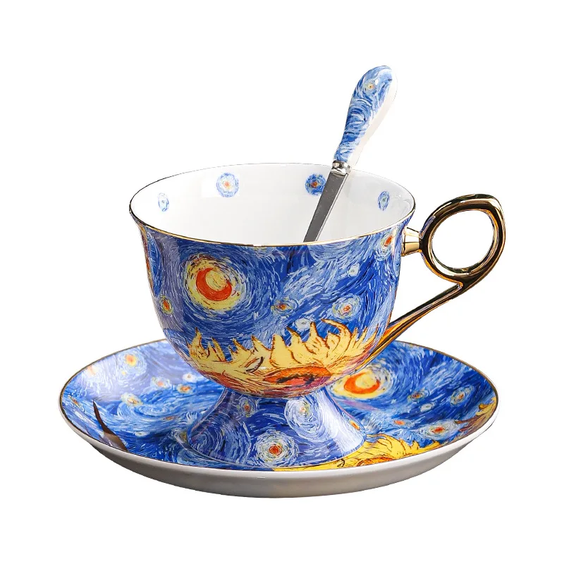 Van Gogh Star Moon Sunflower Bone Porcelain Coffee Set Coffee Cup Afternoon Tea Cup Saucer Mug Gift Box Set Creative 5