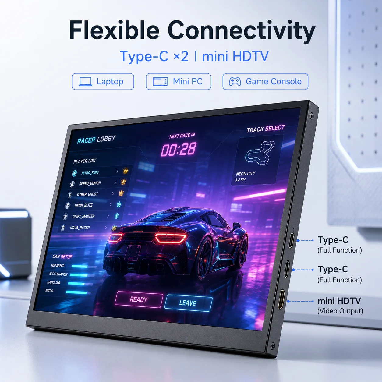 LESOWN 10.1 Inch Portable Monitor 1280x800 IPS 16:10 USB-C Mini HDTV Screen VESA 75 Speaker Touch Optional for Laptop PC
