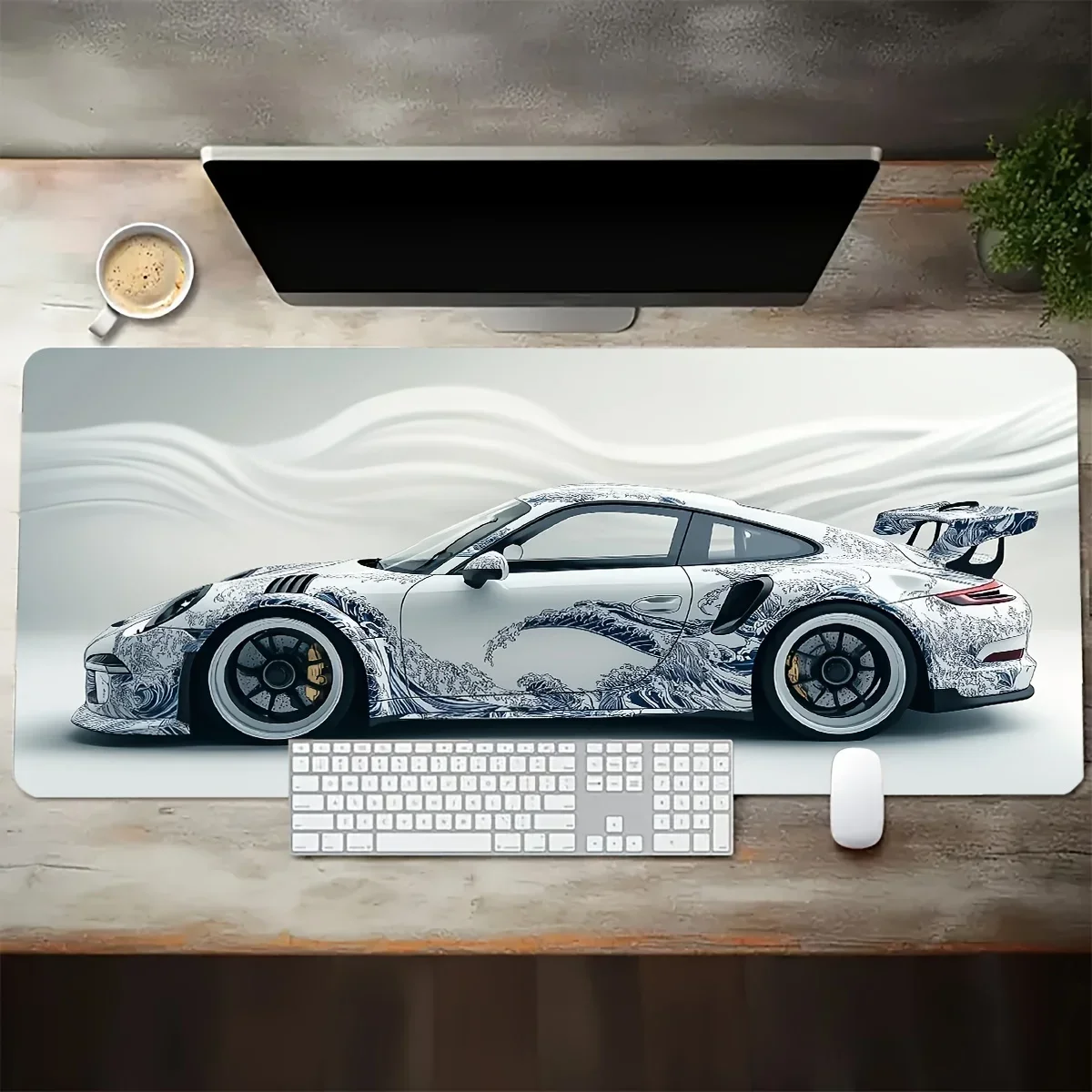 Großes weißes Gaming-Mauspad im Sportwagen-Design, rutschfeste Gummiunterseite, erweiterte Schreibtischunterlage für Gamer, Büro, Computerzubehör