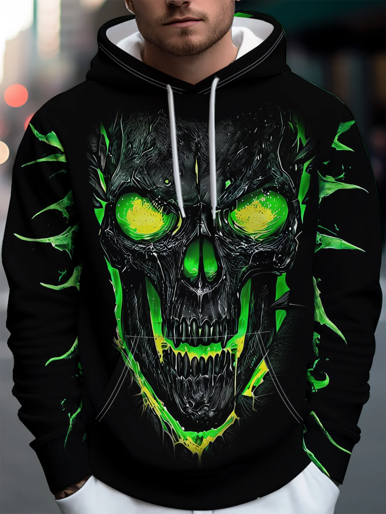 Customization Men'S Moss Green Fluorescent Skull Head Inlaid On Black Background Digital Print Pullover Hoodie, Spring Fall Wint