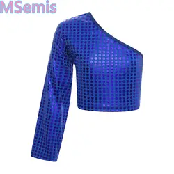 Kids Girls Boys Metallic Shiny Dots T-shirt Fashion One Shoulder Long Sleeve Crop Top Cheerleading Dance Performance Costume