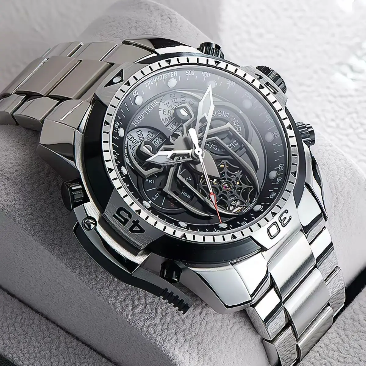 Reef Tiger Men Automatic Watch 46mm Mechanical Wristwatch Luminous Sapphire Spider Dial Rotatable Bezel Year Month Week
