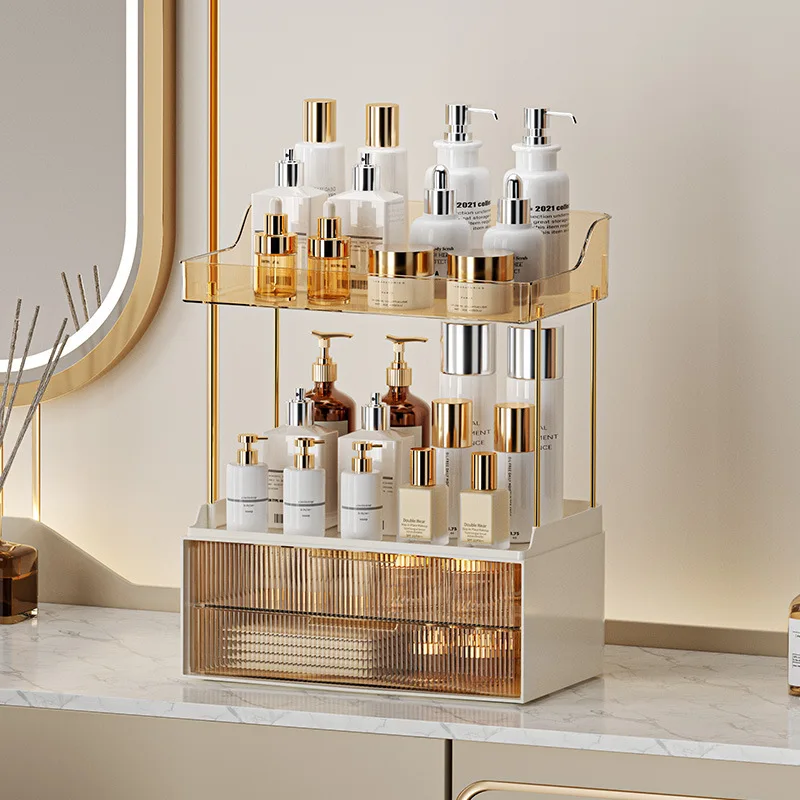 plastic-countertop-bathroom-cosmetics-organizer-two-pull-out-drawers-metal-support-frame-skincare-storage