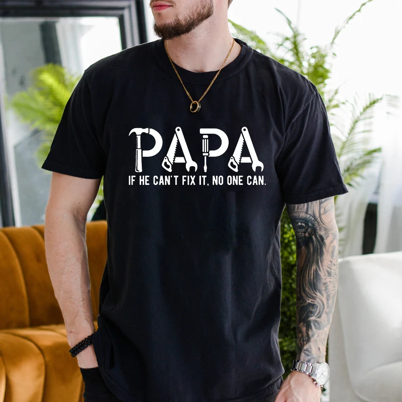 Papa If He Can't Fix It No One Can T-Shirt for Men, Tool Letter Graphic Tee, Casual Short Sleeve Tops, Perfect Father's Day Gift