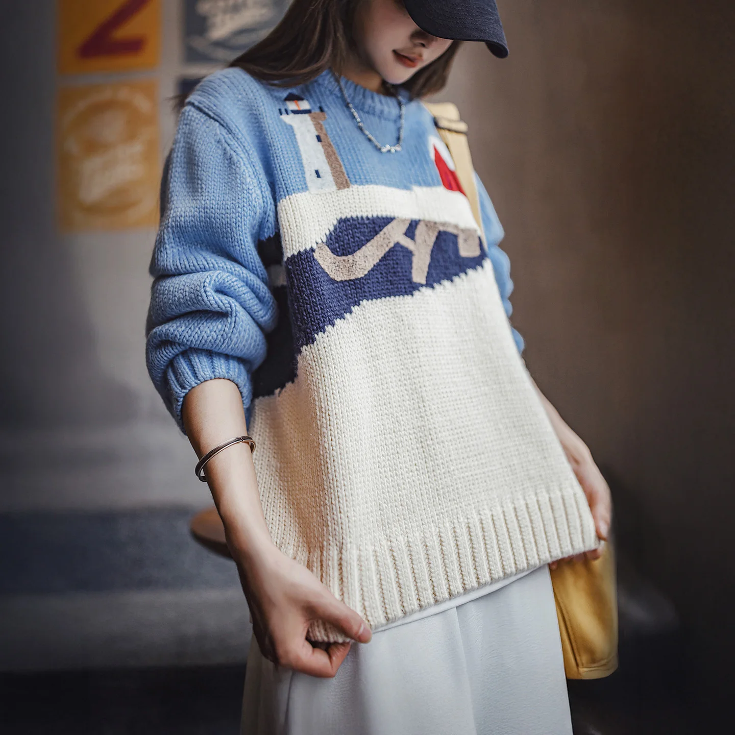 Maden Soft Jacquard Knit Sweater Women Winter Thick Warm Loose Fit Crewneck Pullover Light Blue Korean Style