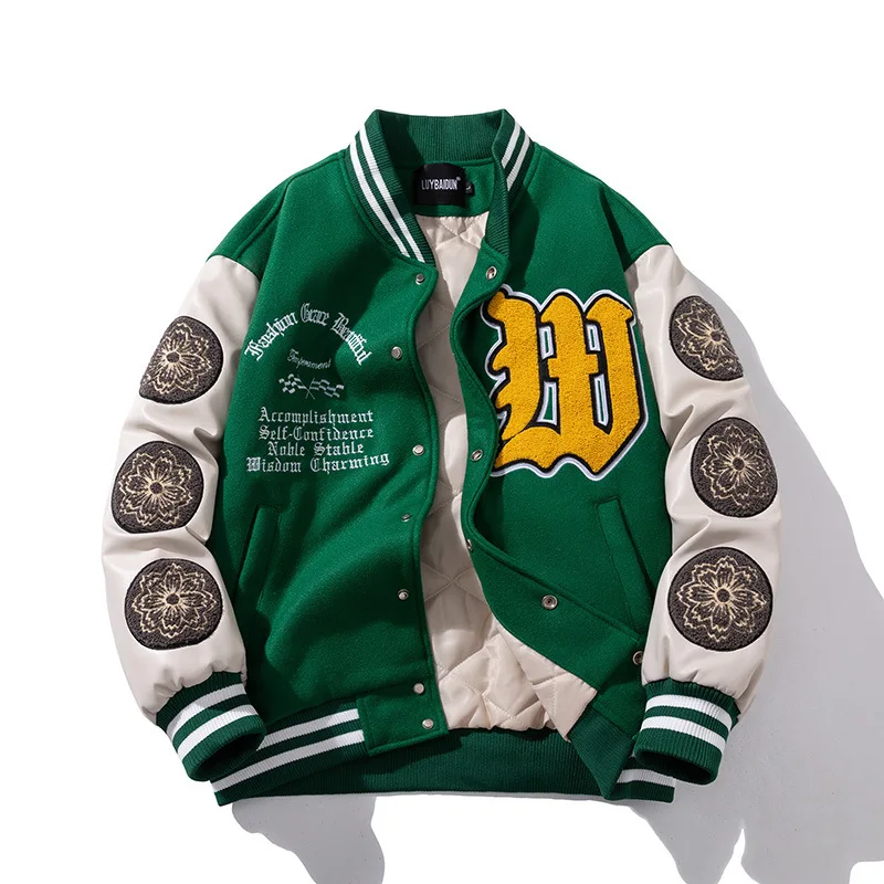 Vintage Varsity Jacket Men Winter Letter Embroidery Baseball Jacket Women Leather Sleeve Fashion Casual Woolen Coat Green Parka