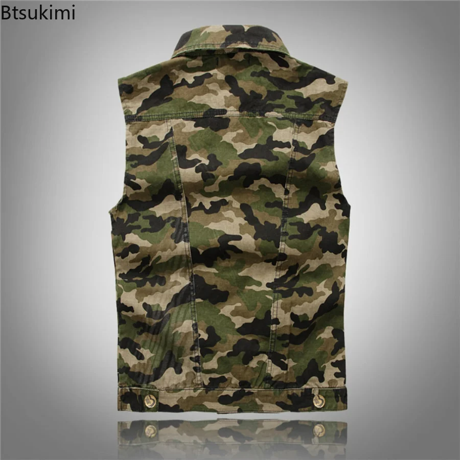 Men's Spring Autumn Camouflage Denim Vest Military Sleeveless Jeans Jackets Fashion Casual Male Vest Camo Waistcoats Homme M-5XL