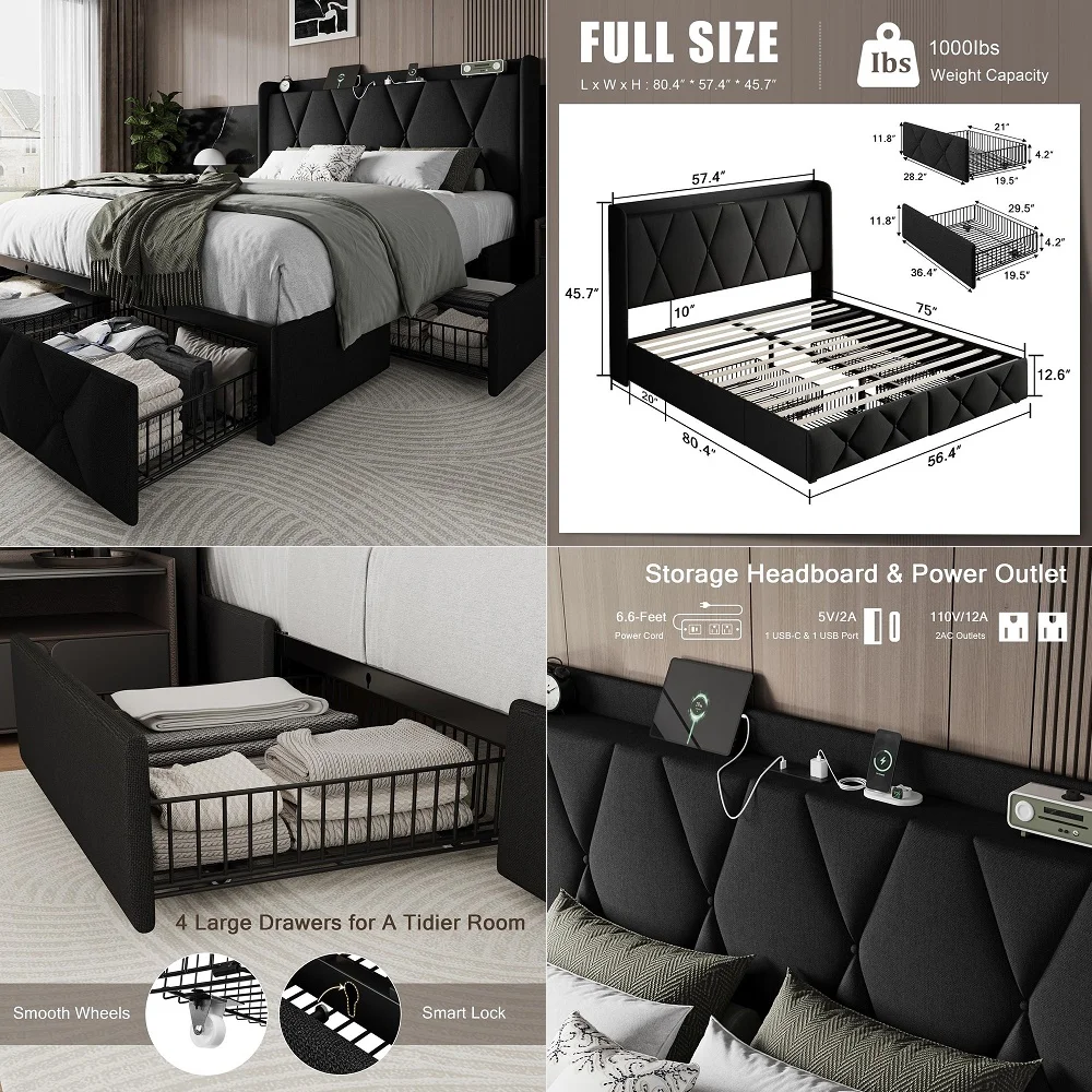 

Full Size Bed Frame with 4 Storage Drawers and Charging Station, Upholstered Platform Bed Frame with Storage Headboard, No Box