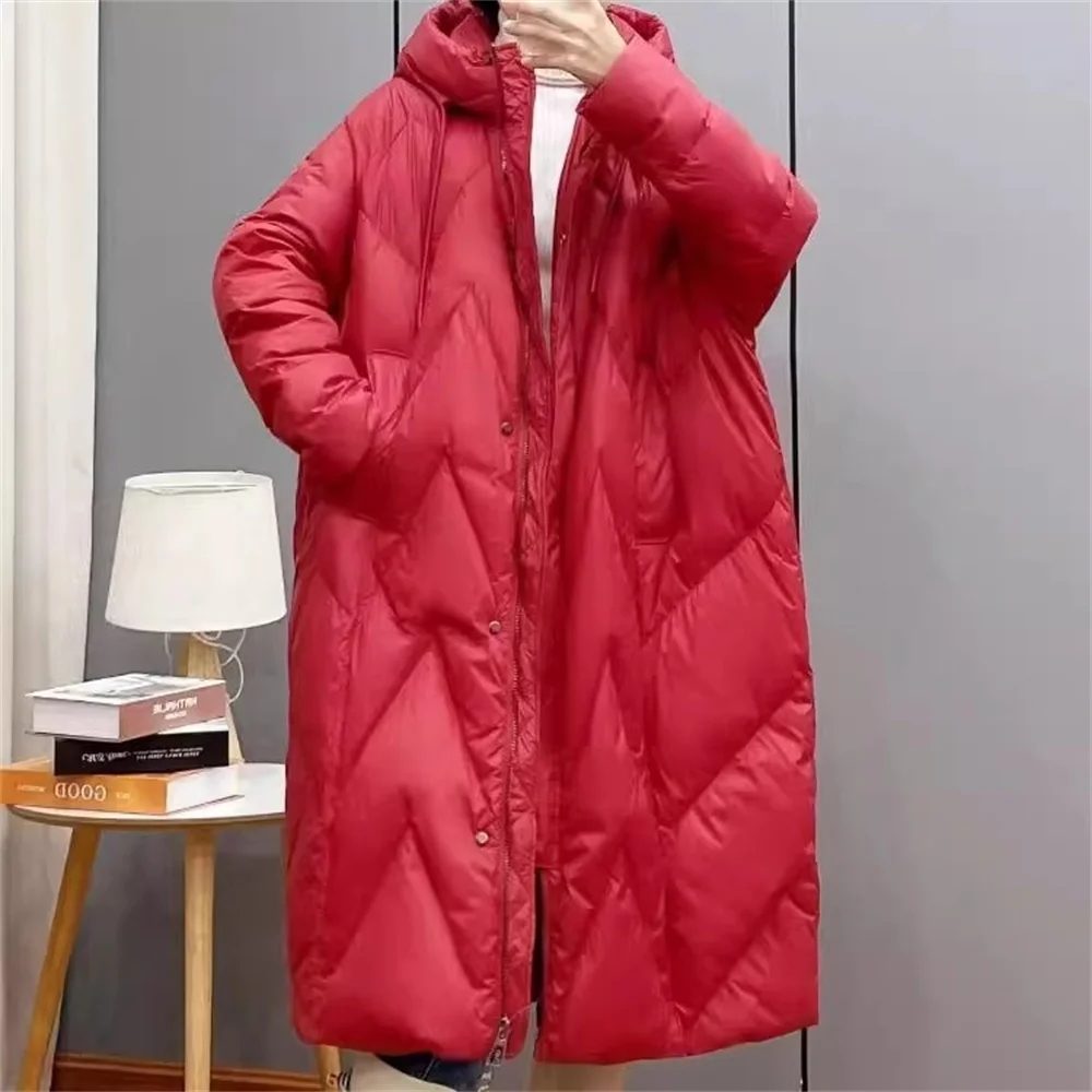 Jaqueta retrô de algodão solta e grossa para mulheres, novo sobre o joelho longo plus size com capuz parka inverno roupa externa vermelha