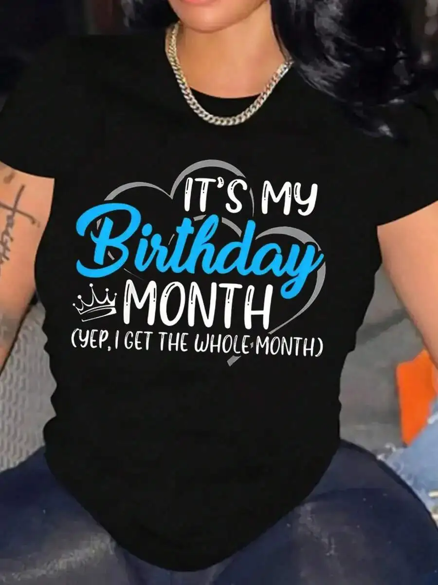 

Womens Birthday Month Graphic Tee Short Sleeve Crew Neck Black Blue Lettering Crown Casual Cotton T-Shirt