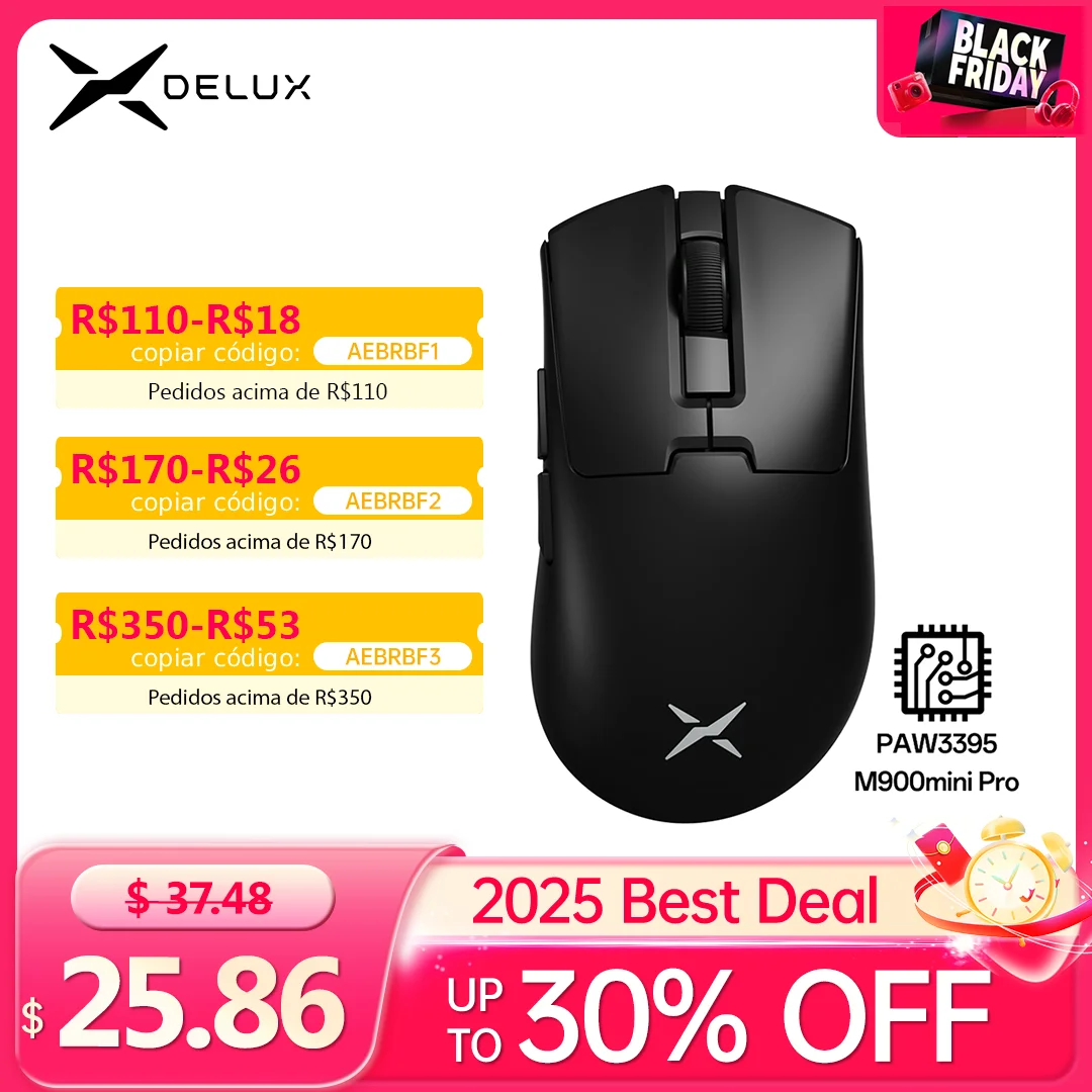 

Беспроводная игровая мышь Delux M900mini PRO, эргономичная, сверхлегкая, 40 г PAW3395, 8 КГц, для средних и маленьких рук, ПК, ноутбука, геймера