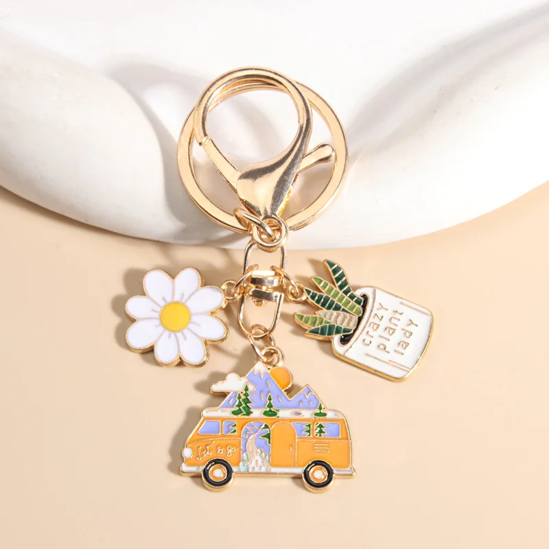 Cute Enamel Keychains Cartoon Bus Flower Potted  Key Rings Friendship Gifts For Men Women Girl Handbag Accessorie