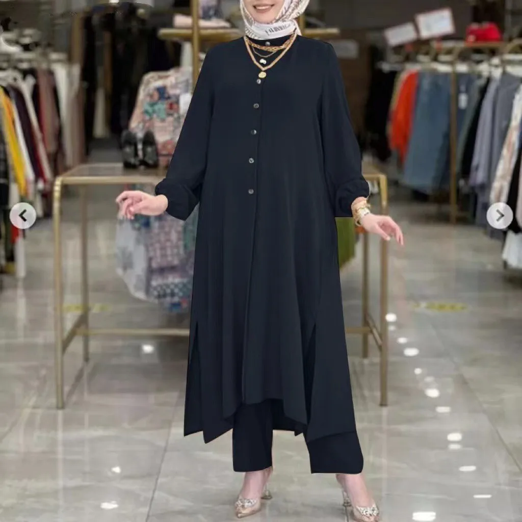 

2024 Muslim Women's Clothing New Ice Silk Wrinkle Loose Solid Color Split Collar Shirt Temperament Pants Set