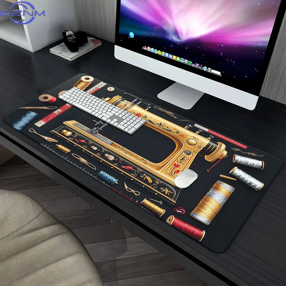 Vintage Sewing Machine Design Mousepad - Large Non-Slip Rubber Base Desk Mat for Gaming, Office, and PC Users - Durable Stitched