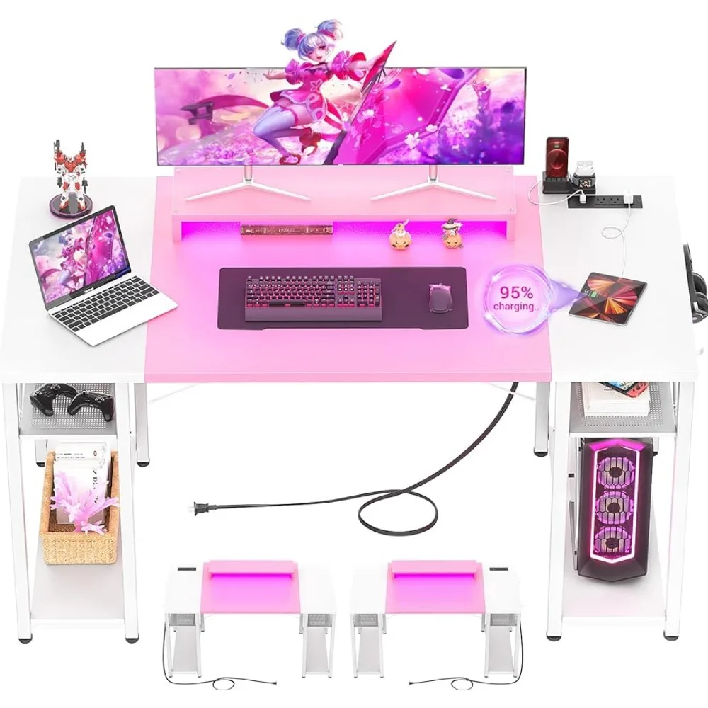 

Computer Desks with LED Lights,55 Inch Desk withs Power Outlet and USB, Reversible Large Moveable Monitor Stand,Pink and White