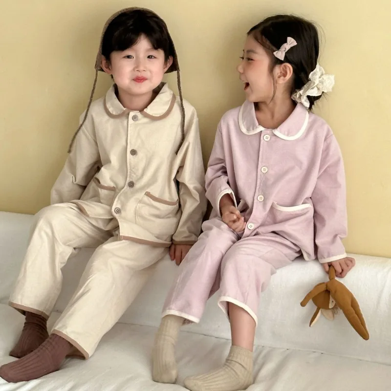 

Children's Sleepwear Made of Pure Cotton and Brushed, Autumn Cute Long Sleeved Lapel Cardigan Set, Home Clothes, Solid Color