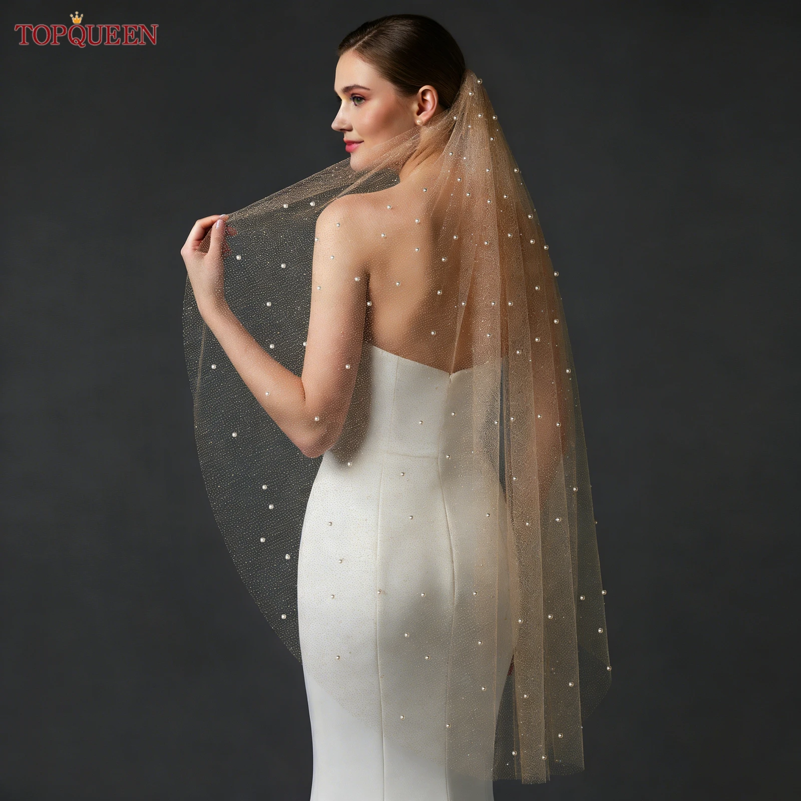 

Свадебная фата TOPQUEEN с блестками и жемчугом, сверкающая белая/хаки, с гребнем, 1 слой, Velo De Novia, настраиваемая, V91a
